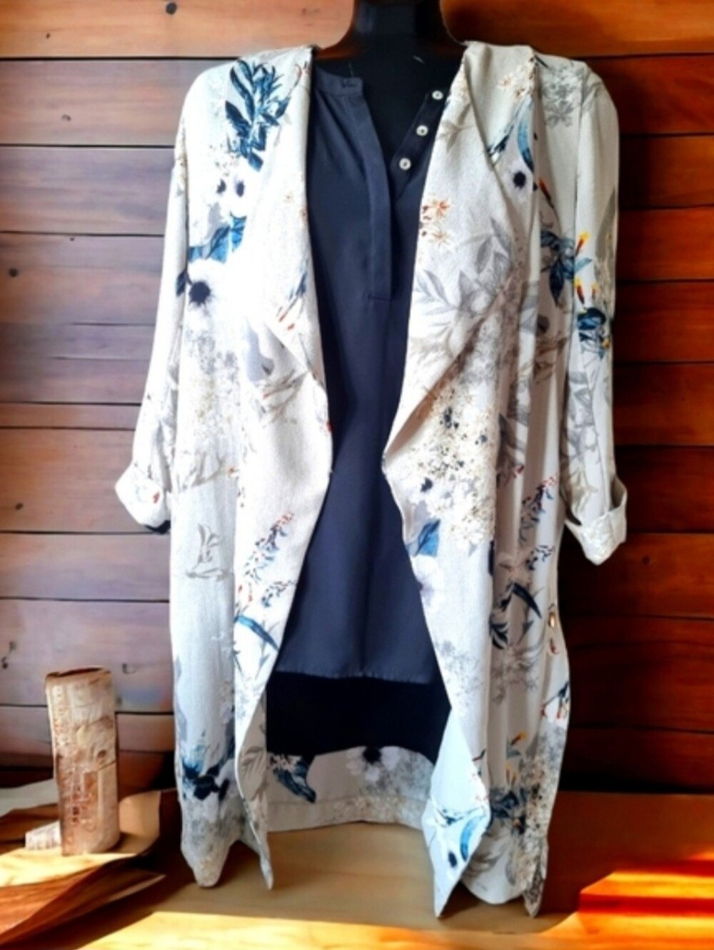 Dex Lightweight Floral Open Front Draped Cardigan - Gray with Blue Accents Sz S